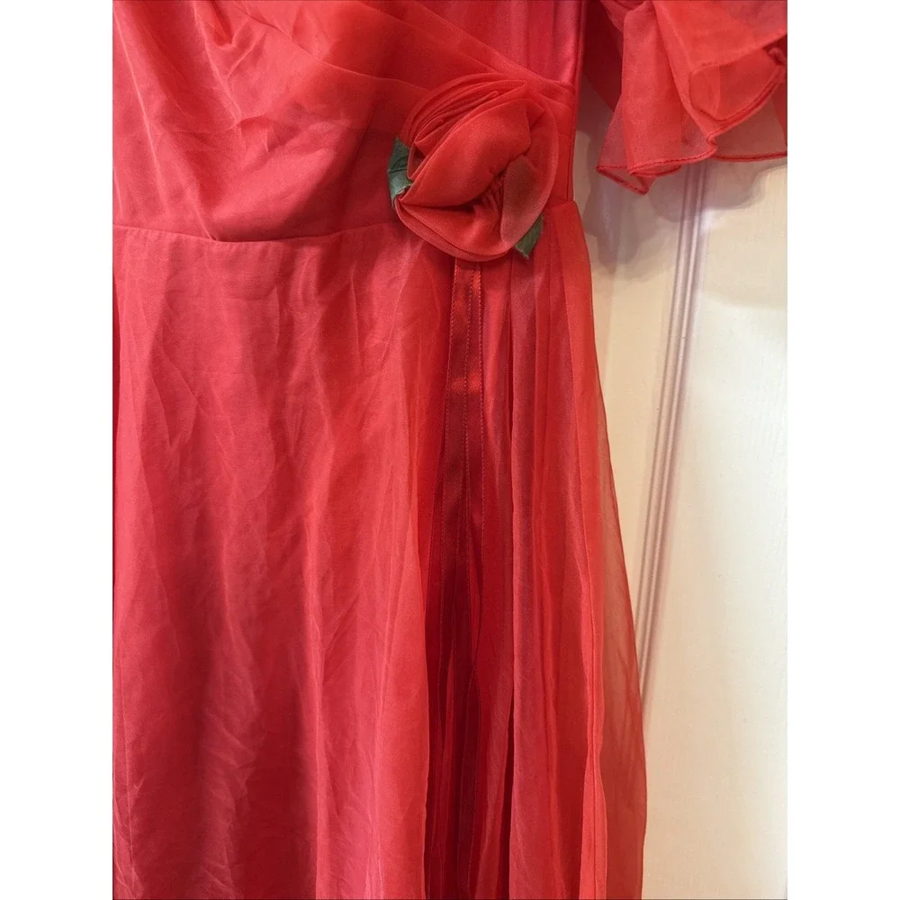 Vtg Red Chiffon Union Made Full Maxi Sweetheart Prom‎ Party Dress Puff Sleeves - Picture 3 of 16